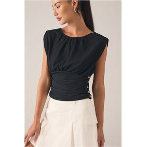 NWT Anthropologie Ruched Sleeve Top in Black Size Large